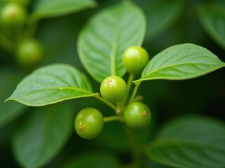 medicinal herbs and berries, traditional medicine Three green fruits are on a leaf. The fruits are small and round. The leaf is green