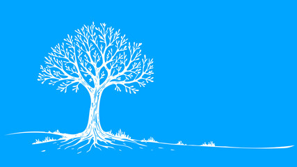 Alone tree silhouette design. Roots branches reach sky. Nature icon logo symbol. Minimalist sketch white background vector illustration