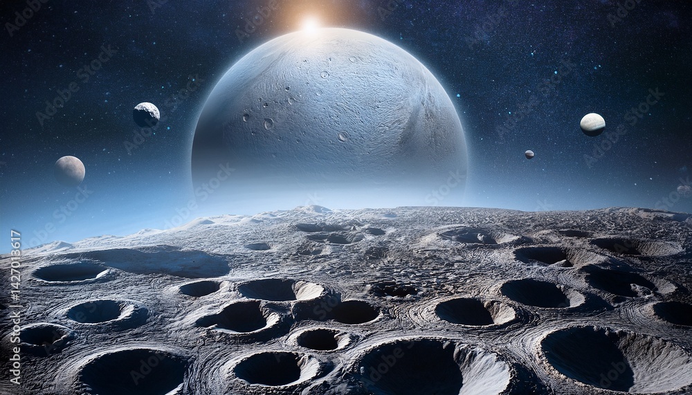 Wall mural abstract other worldly space surface craters with planet in background