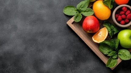 Fresh fruits and greens arrangement healthy eating and nutrition