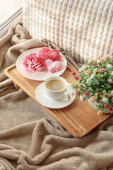 Cozy Valentine's Day Morning: coffee with rose and heart shape marshmallow