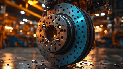 Close up shot of brake pads being replaced a nighttime workshop with ambient lighting