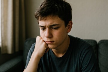 Pensive young man indoors.