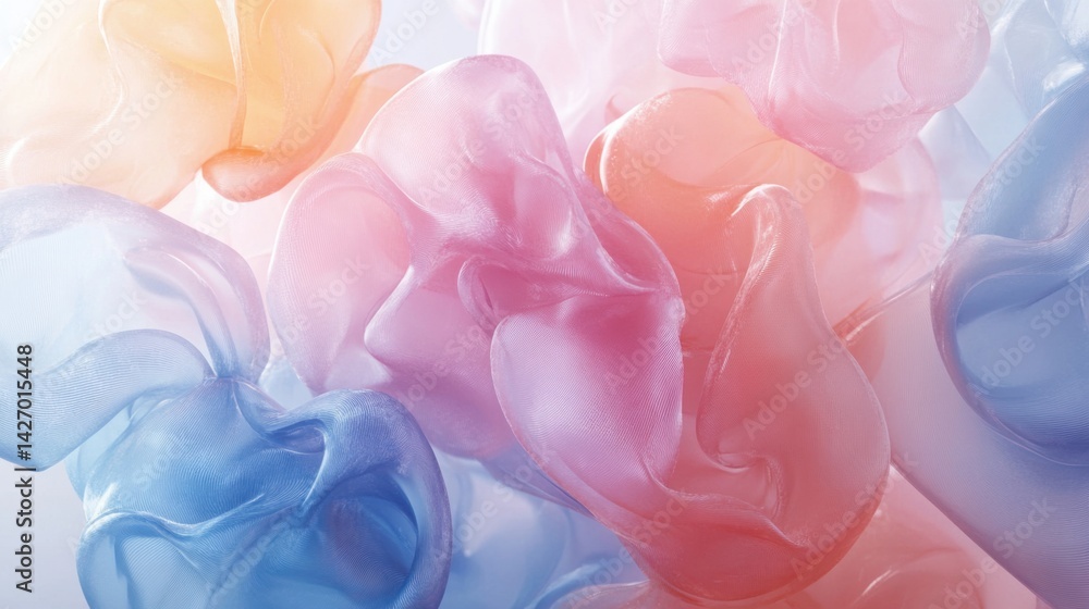 Poster a collection of transparent 3d abstract shapes floating in soft pastel colors, gently overlapping to
