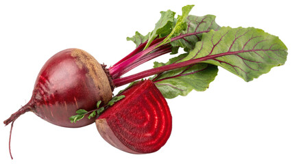 Beetroot fresh red beet with leaves and a half 