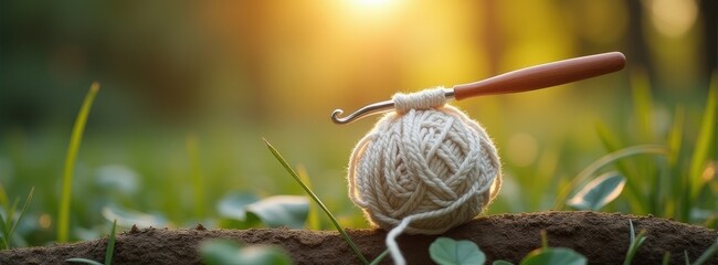 Cozy evening crochet: skein of yarn with hook on log in sunlit garden.