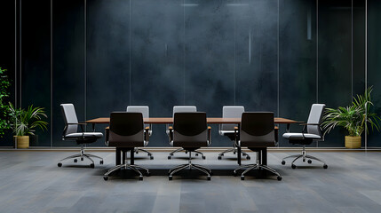 Empty Conference Room With Dark Grey Walls And Wooden Table