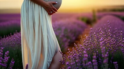 A pregnant woman gently cradles her belly while standing in a vast lavender field during sunset, surrounded by blooming flowers and warm golden light