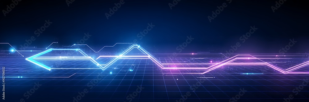 Poster abstract glowing lines forming arrow shapes on a dark background with grid pattern surface