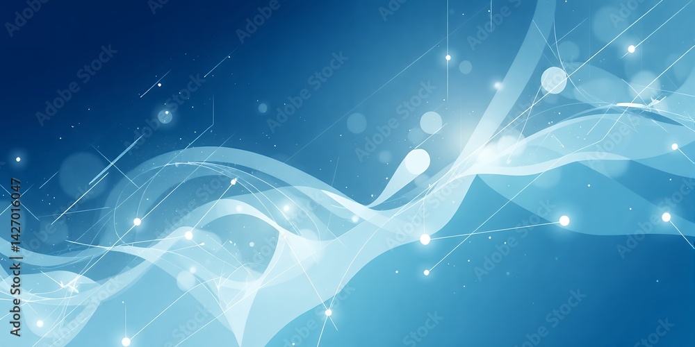 Poster abstract blue background with flowing white lines and glowing dots creating a modern design