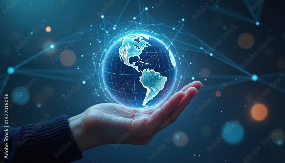 Poster hand holding glowing earth globe connected by network lines. data exchange, global communication tec