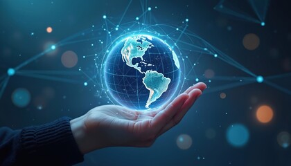 Hand holding glowing earth globe connected by network lines. Data exchange, global communication technology, innovation, digital transformation, future concept. Digital world, metaverse visualization.