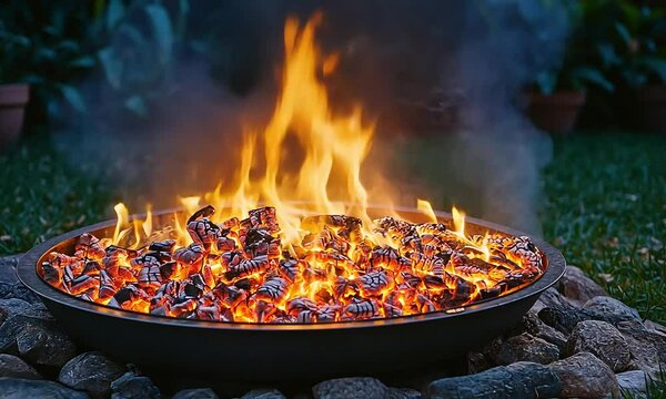 Outdoor fire pit ablaze in a garden setting