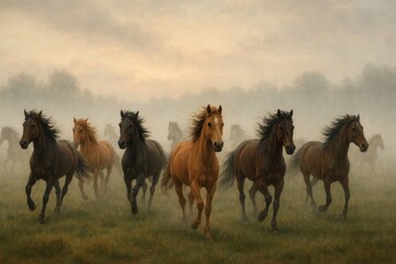 Majestic Horses Galloping Through Mist