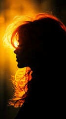 A silhouette portrait of a woman features her vibrant, flowing orange hair glowing softly against a dark background, the high-contrast lighting with a dramatic and mysterious mood.