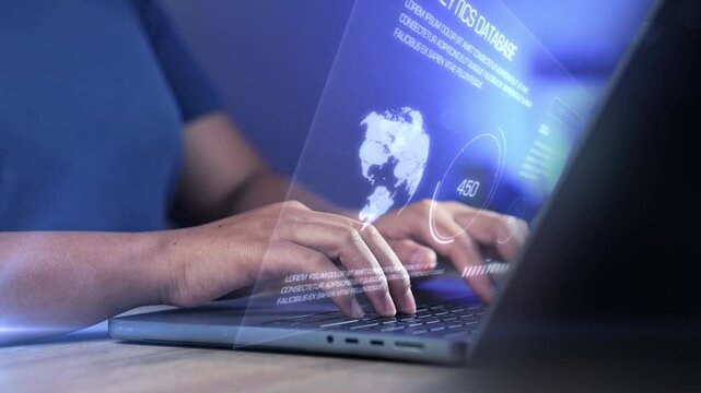 Businesswoman using computer to log into futuristic holographic interface on cloud, analyze database files and backup computer system, digital document storage and FTP cloud data.