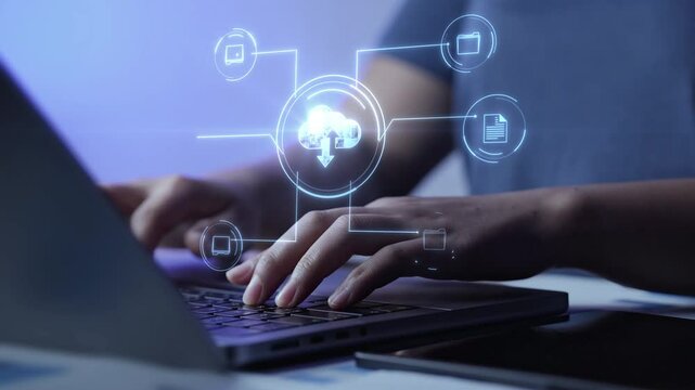 Businesswoman hands using computer to log in to futuristic holographic interface on cloud. Digital document storage software and data folder scanning. Paperless document management.