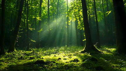 Obraz premium Sunlight Streams Through Lush Green Forest