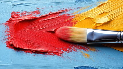 Fototapeta premium Colorful Artistic Expression: Paintbrush with Vibrant Red, Blue, and Yellow Paint Strokes