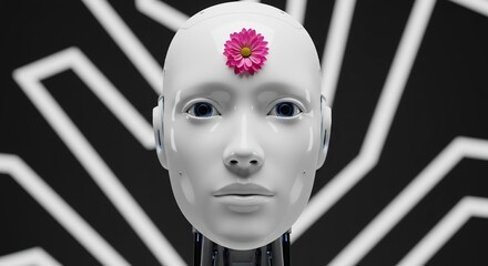 A futuristic robotic head with a delicate flower on its forehead, against a black and white geometric backdrop. The head is smooth and symmetrical.