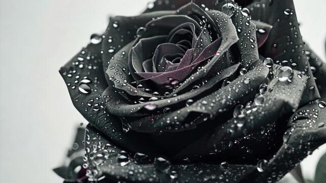 Black rose with drops of water on white background close-up footage