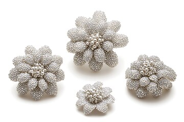 Obraz premium Three intricate flower-shaped brooches, crafted from small beads.