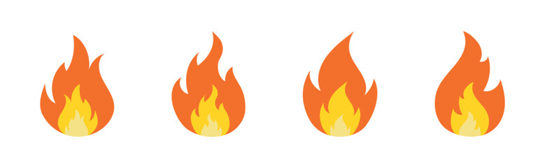Fire flames icon set. Fire flames. Flame symbols. Set of yellow and orange fire flame. Collection of hot flaming element. Fire, flame vector illustration. Isolated on white background