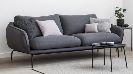 Modern gray sofa with light accent pillows and a small side table.