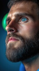 Fototapeta premium Focused Man with Beard and Blue Eyes in Intense Close-Up Portrait