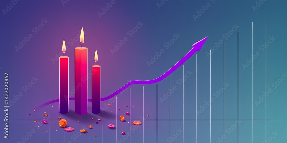 Poster three candles with flames and petals next to a rising graph line on a blue gradient background