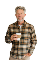 Mature Man in Plaid Shirt Holding Coffee Cup