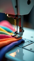 Close-up of sewing machine needle with colorful fabric threads underneath.