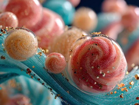 Close-up view of a blue jellyfish sculpture with swirling patterns, gold specks, and pinkyellow details Tentacles undulate towards the viewer Perspective emphasizes top portion, crea - AI-Generated