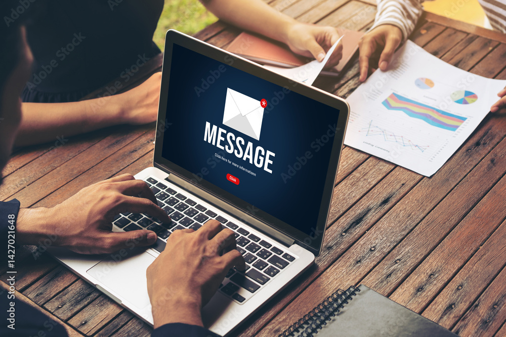 Poster email notification message showing on computer screen snugly. digital marketing message information 