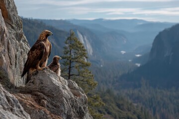 Golden eagle watches over its chick, embodying strength against a backdrop of majestic cliffs