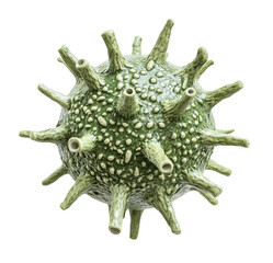 Green virus with spiky protrusions and a textured surface, isolated on transparent cutout background