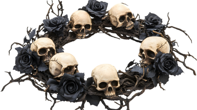 A halloween wreath made of skulls