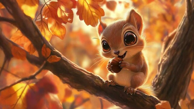 Delightful autumn scene: A cute squirrel enjoys a nut on a tree branch amidst fall foliage