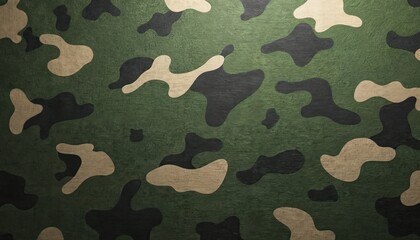 Green camo military textile texture for uniforms. Camouflage pattern, military background with green, brown and black stains. Fabric design for clothing, army style. Combat, forest camouflage.
