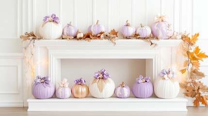 Whimsical painted pumpkins on elegant mantel for cozy fall decor