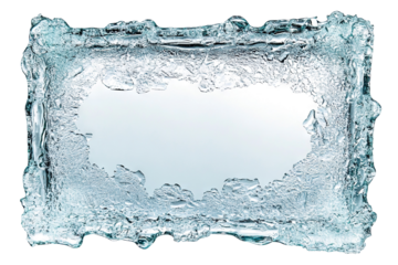 Frosted rectangular ice frame with textured edges, isolated on a transparent cutout background
