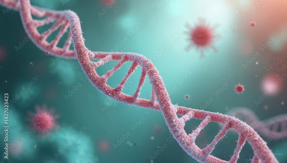 Poster 3d rendering of dna strand with cancer cells concept. molecular structure of gene mutation, scientif