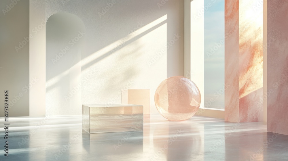 Aufkleber a minimalistic design featuring transparent abstract 3d shapes in muted pastel hues, softly reflecti