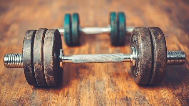 Two used dumbbells resting on a wooden surface.
