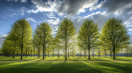 Obraz premium Row Of Green Trees In A Park Under Sunlight