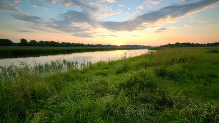 Obraz premium Sunset Over River Landscape With Lush Green Vegetation