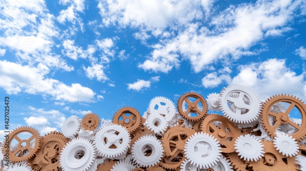 Aufkleber gears and sky representing teamwork solution innovation connection concept
