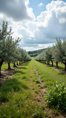 A picturesque olive grove nestled among rolling hills under a clear sky, showcasing an idyllic scene of natural agriculture and permaculture.