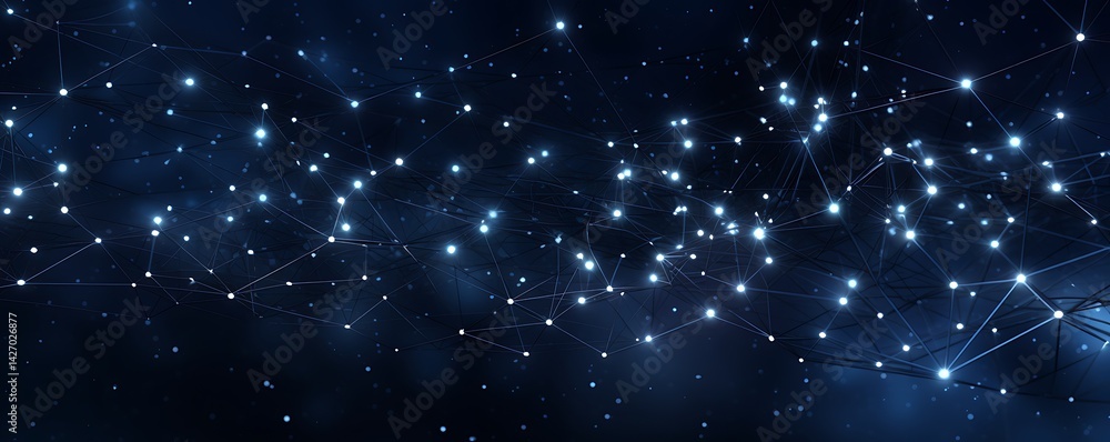 Poster abstract digital network: an intricate, radiant network of interconnected nodes against a dark, cele