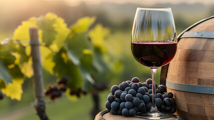 Fototapeta premium Red Wine Glass And Grapes Vineyard Sunset